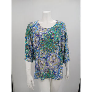 CHICOS Womens Knit TOP 3/4 Kimono Sleeve BLUE Green Purple PAISLEY Sz 3 (XL/16)